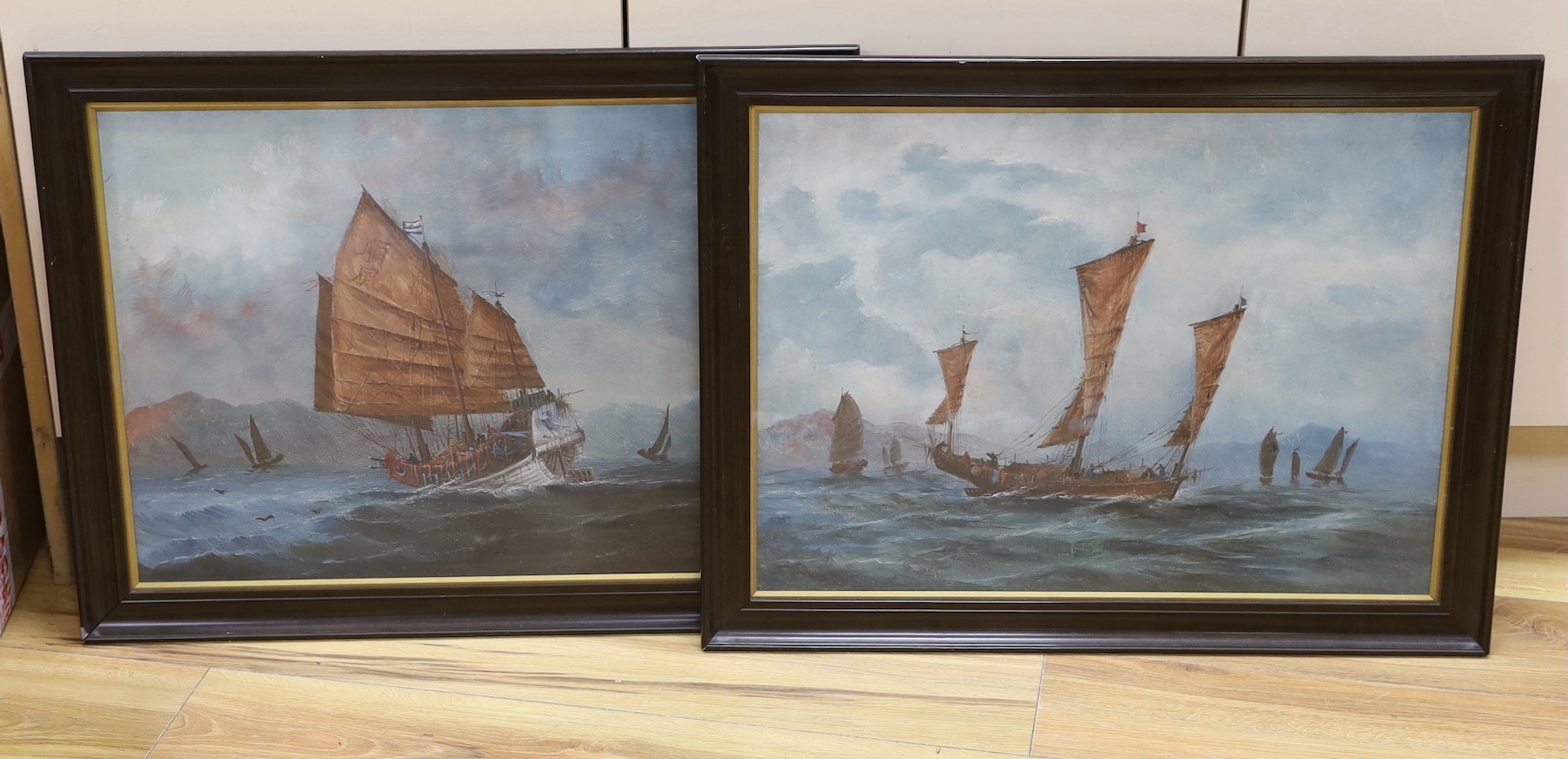Anglo-Chinese School c.1900, pair of watercolours, Junks off the Chinese coast, 41 x 57cm